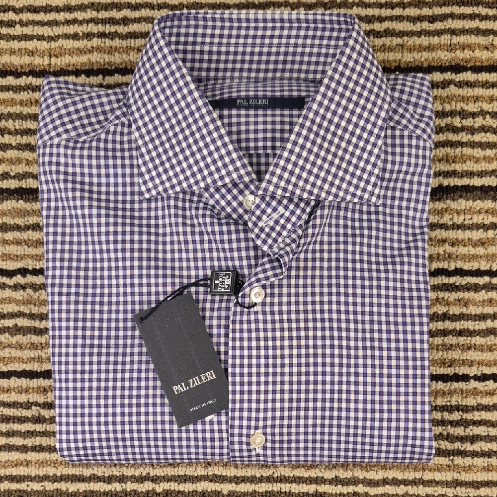 PAL ZILERI Italy Purple White Plaid Cotton Mens Sz 15.5 Dress‎ Shirt NEW